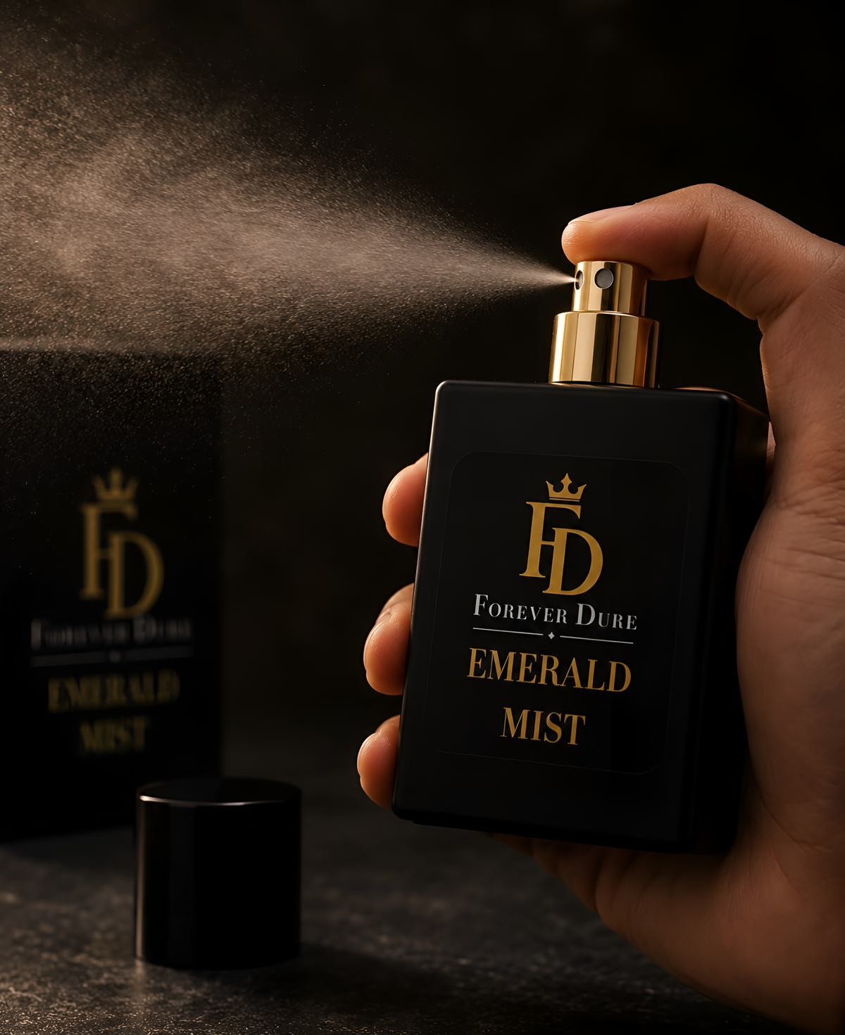A hand spraying Forever Dure Emerald Mist perfume from a black bottle with gold lettering.