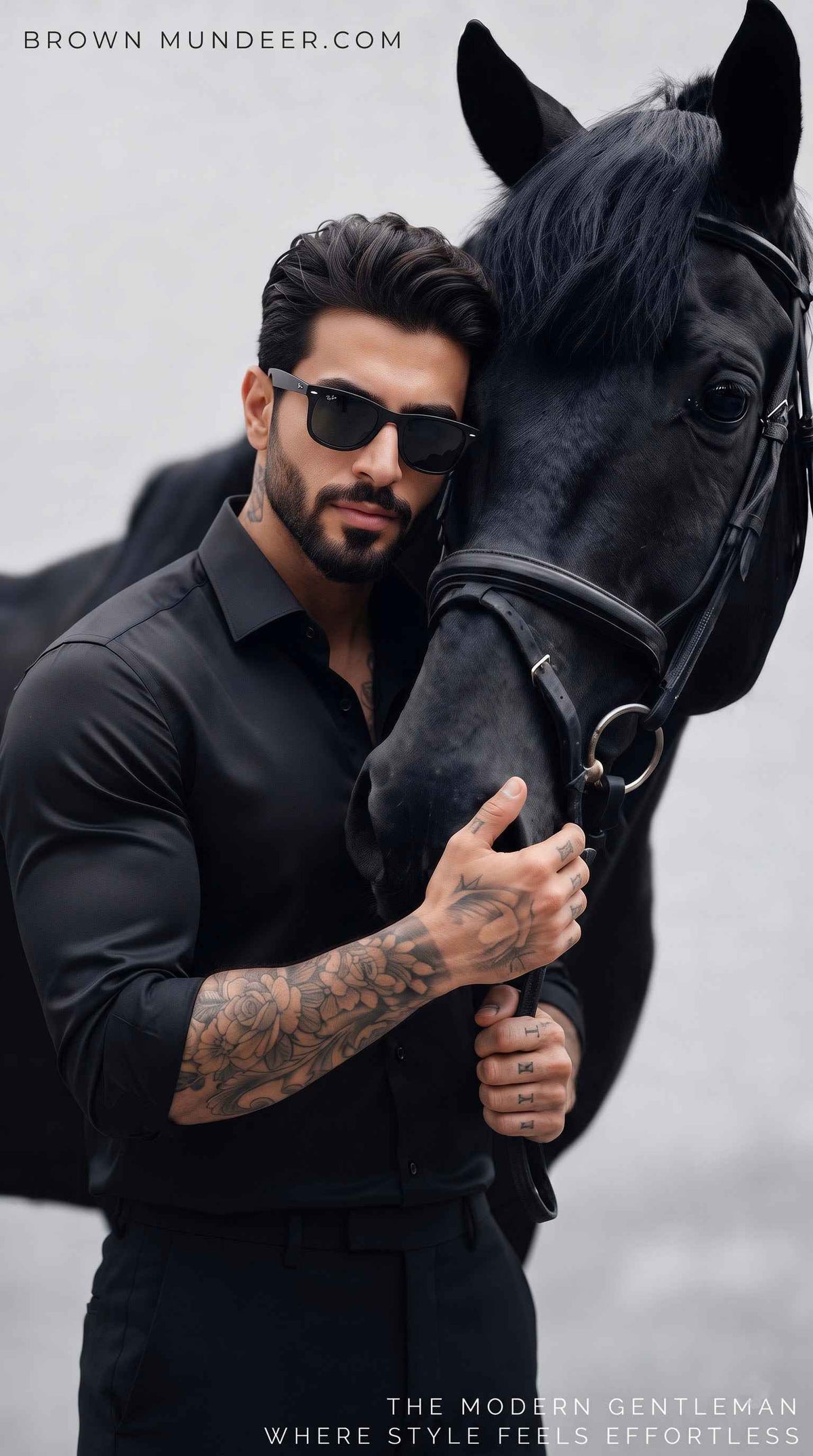 Man in black button-down shirt and sunglasses posing with a black horse.