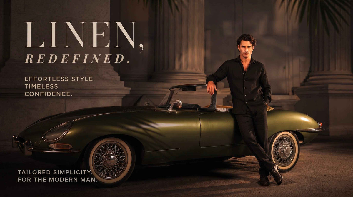 Man in a premium black linen shirt leaning against a vintage olive green sports car.