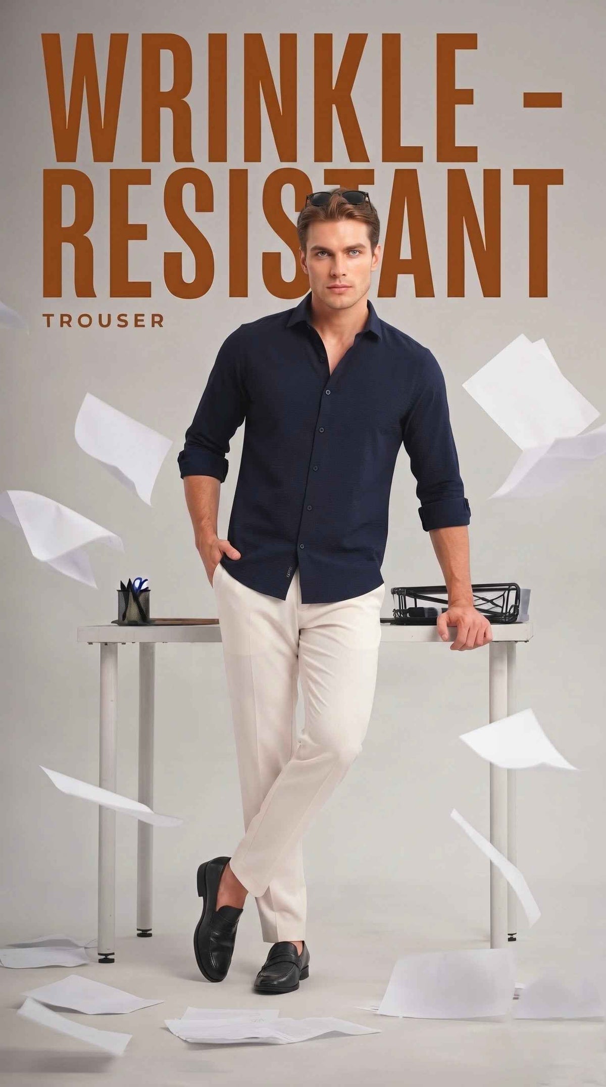 Man wearing wrinkle-resistant navy shirt and cream trousers standing by a desk.