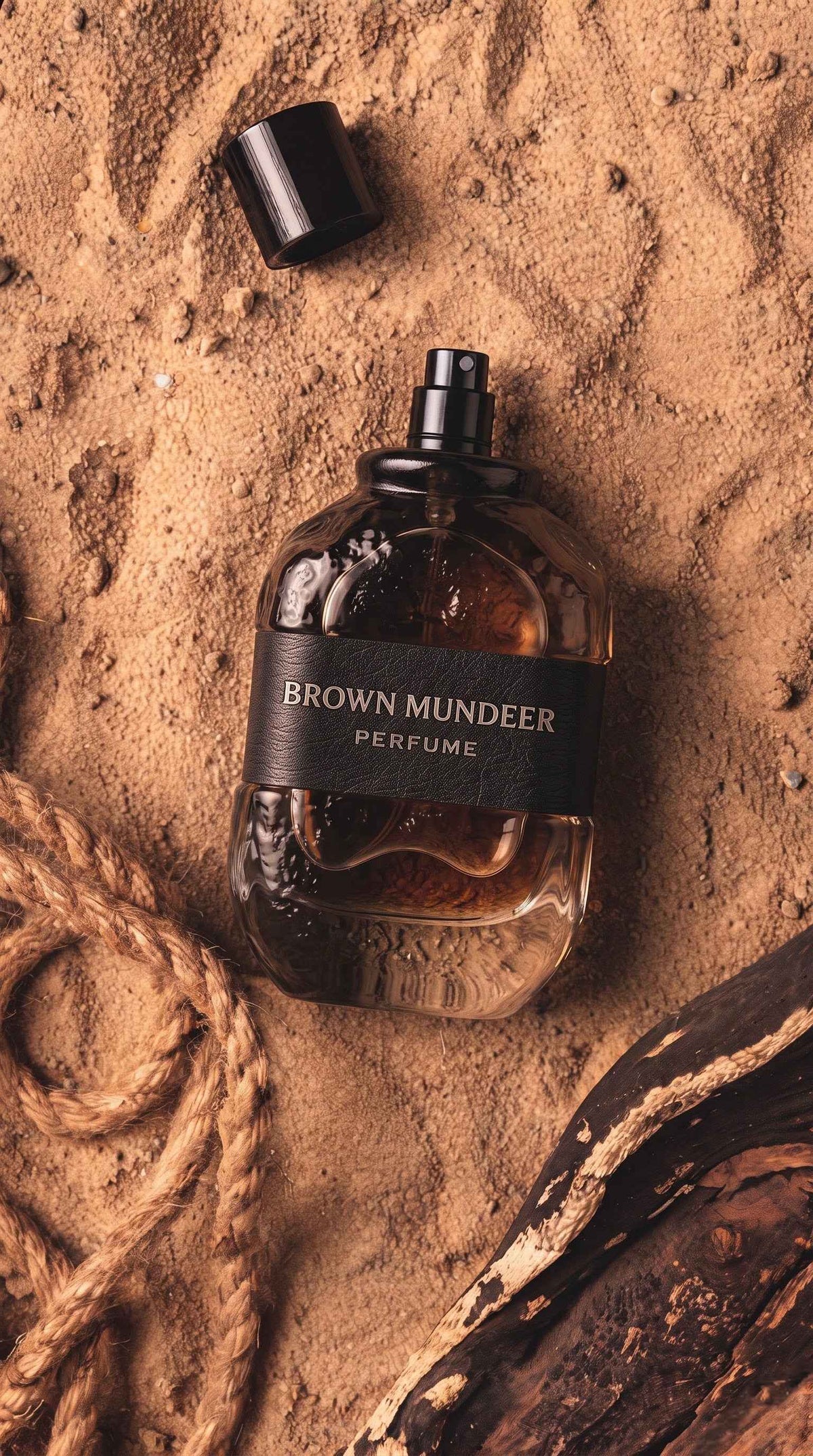 Brown Mundeer perfume bottle on sand with a rope and piece of wood.